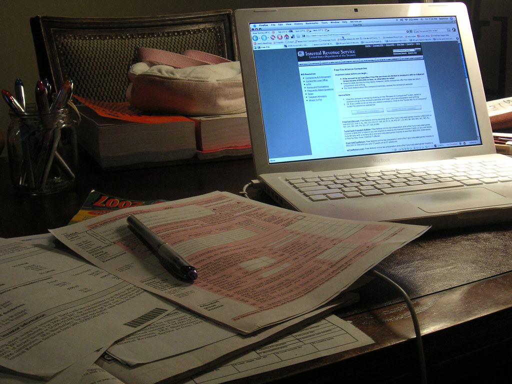 Tax documents on a desk